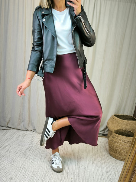 Jupe satinée viscose prune